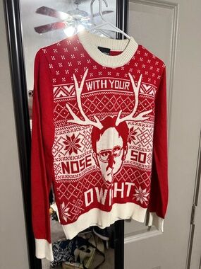 Red Crewneck Holiday Sweater with White Graphic
